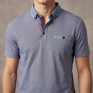 Ted Baker Men's Blue Polo Shirt Button Down Pocket Contrast Trim Modern Size 6